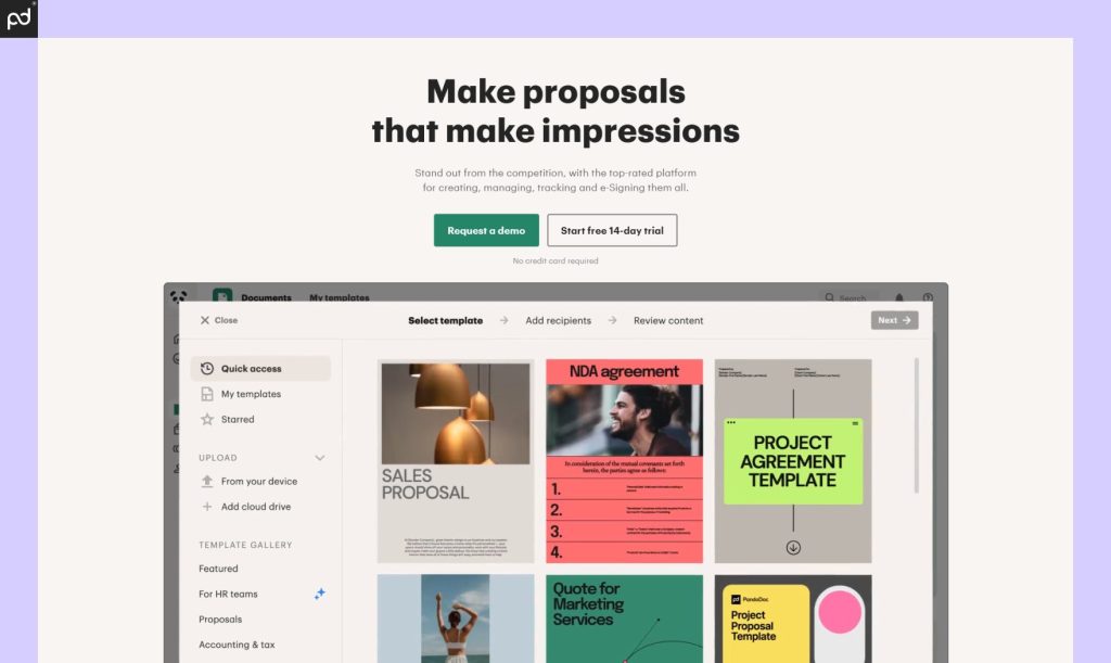 An image of the PandaDoc homepage, featuring a demo of the template library and the words “make prop…