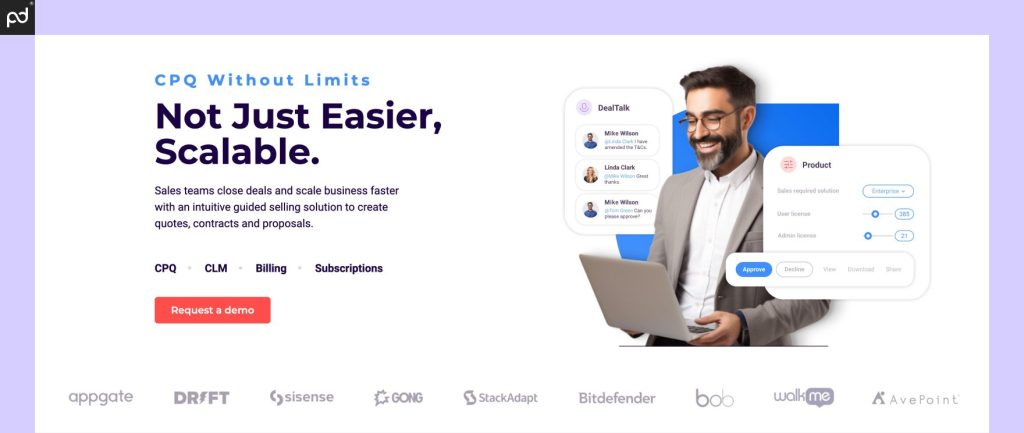 An image of the DealHub homepage, which displays the text “CPQ without limits” and emphasizes proce…