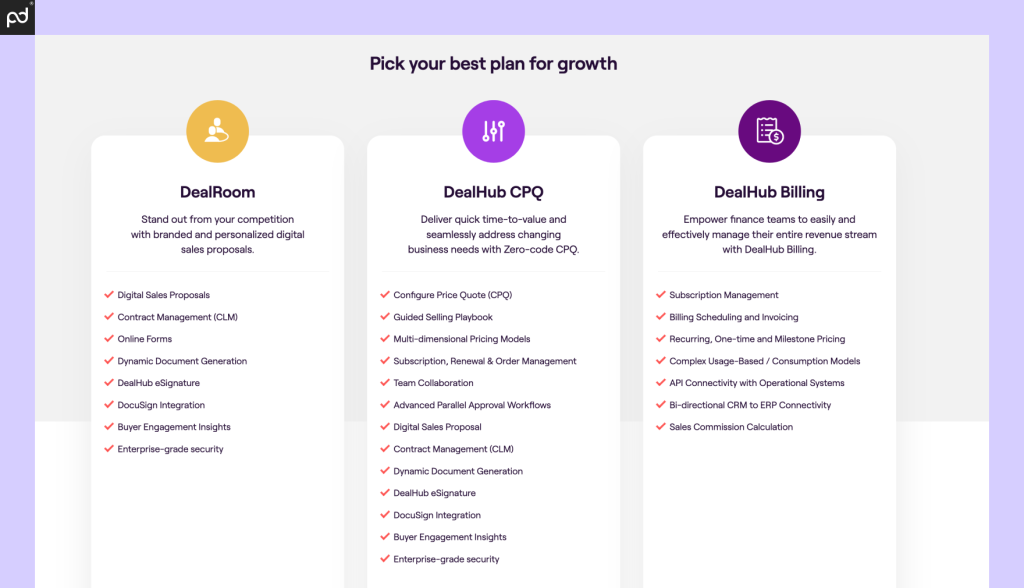 An image of DealHub’s pricing tables, including details for DealRoom, DealHub CPQ, and DealHub Bill…