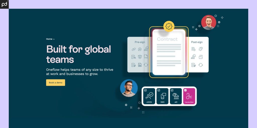 An image of the Oneflow product page. The words “built for global teams” is featured, alongside a su…