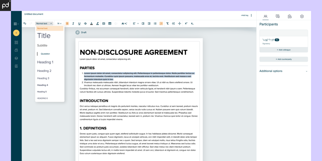 An image of the Oneflow document editor, featuring a standard non-disclosure agreement template. Edi…