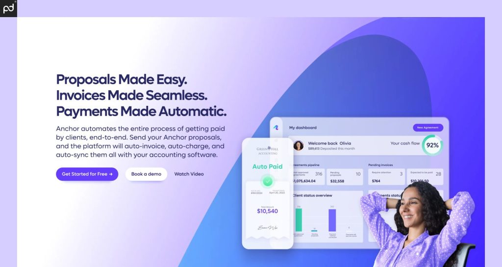An image of the Anchor homepage. The page reads “Proposals made easy. Invoices made seamless. Payme…
