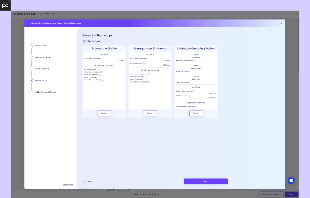 An image of the package selection process within the Anchor app. Users must select their service pac…