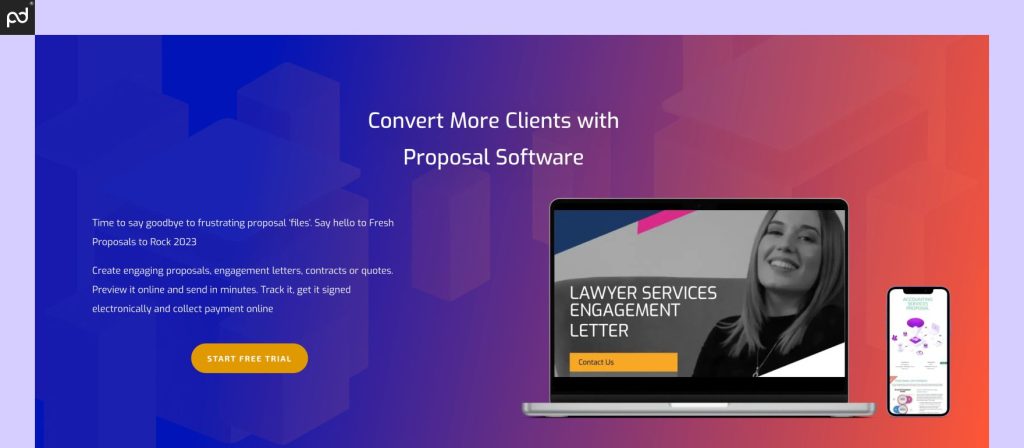 An image of the Fresh Proposals home page, featuring text which reads, “Convert more clients with pr…