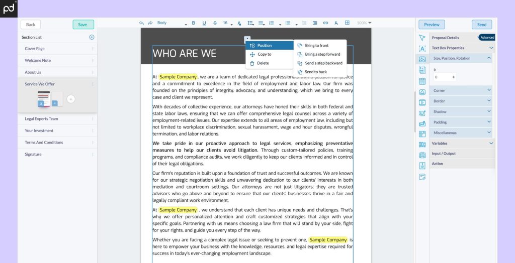 An image demonstrating the Fresh Proposals editor. A section list and various editing tools are atta…