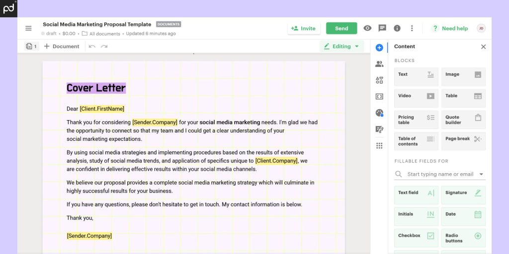 An image of the PandaDoc document editor, demonstrating editable text and various modules for conten…
