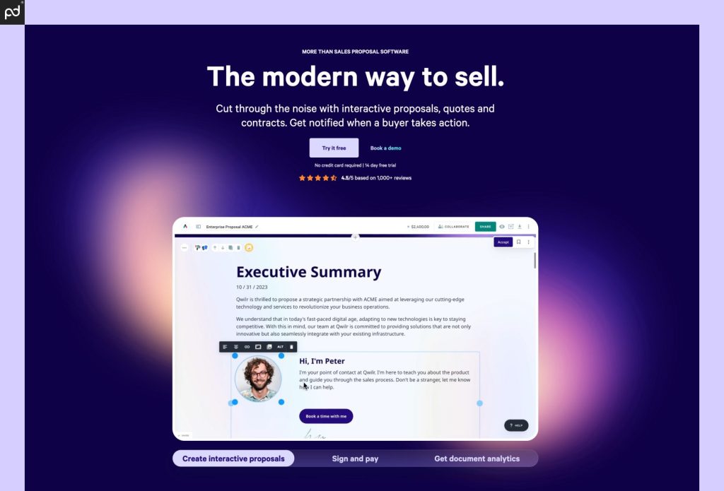 An image of the Qwilr homepage, featuring the words “the modern way to sell” above a demo of the dra…