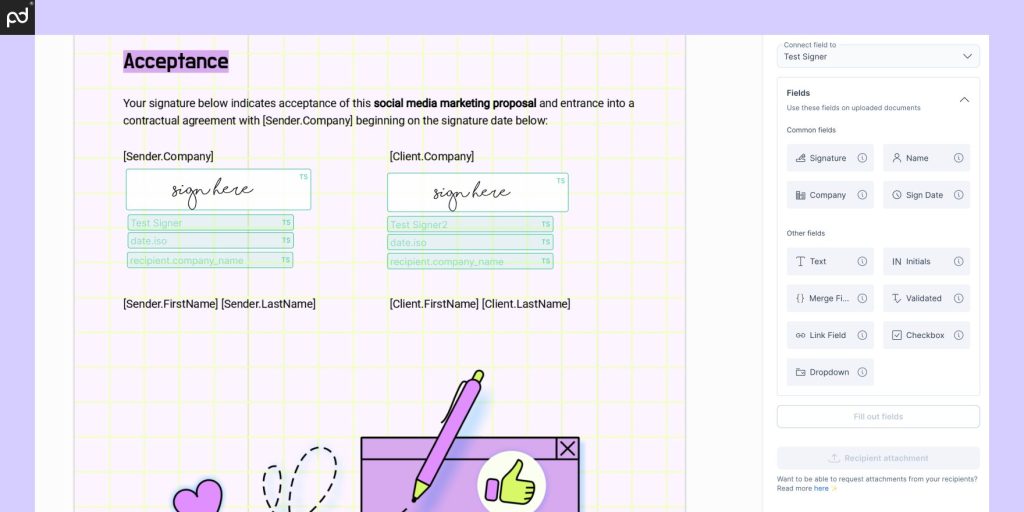 A screenshot of the GetAccept document editor. E-signature blocks have been placed above various tex…
