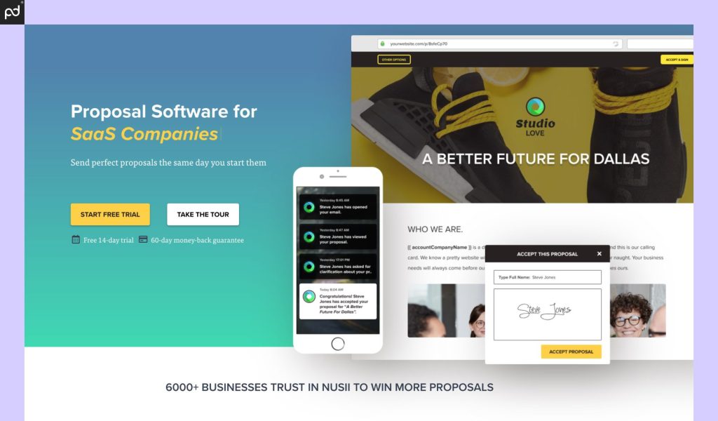 An image of the Nusii homepage, which features the text, “Proposal for SaaS Companies” and an image…