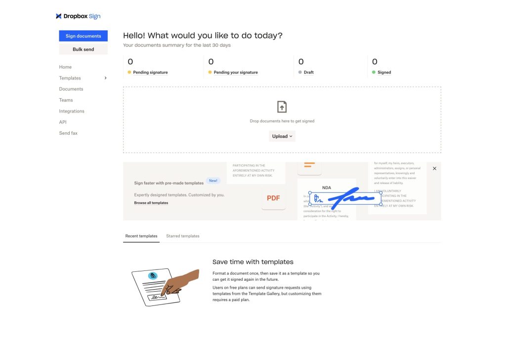 A screenshot of the Dropbox Sign user homepage featuring a get-started area and a user dashboard.