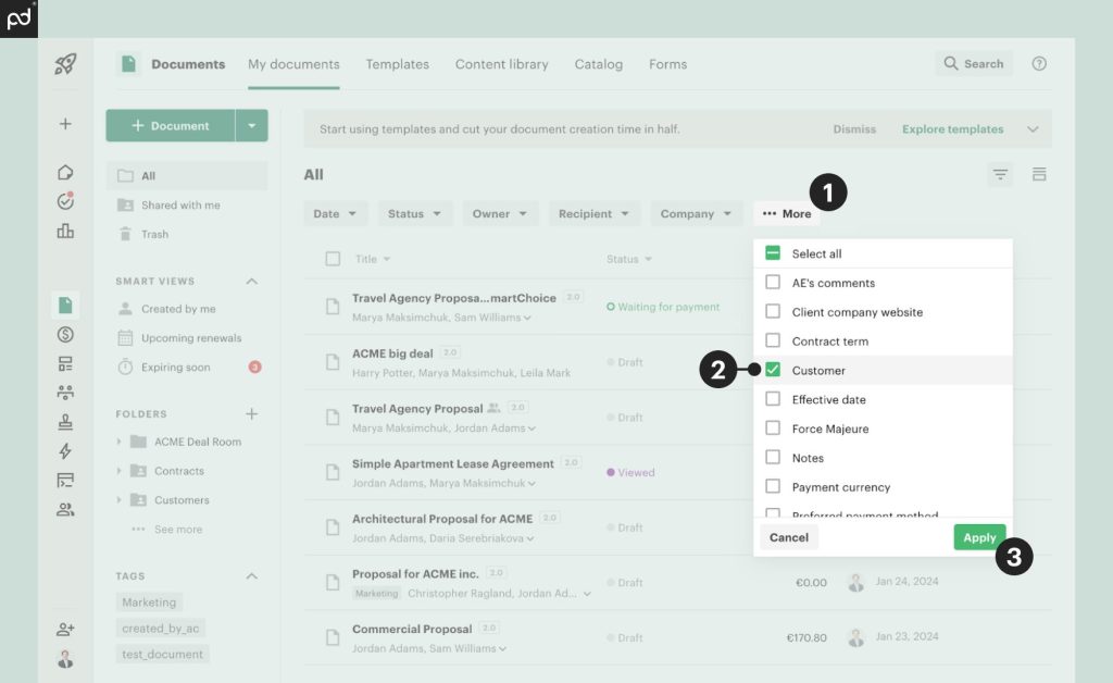 Screenshot of how a contract repository looks like in PandaDoc