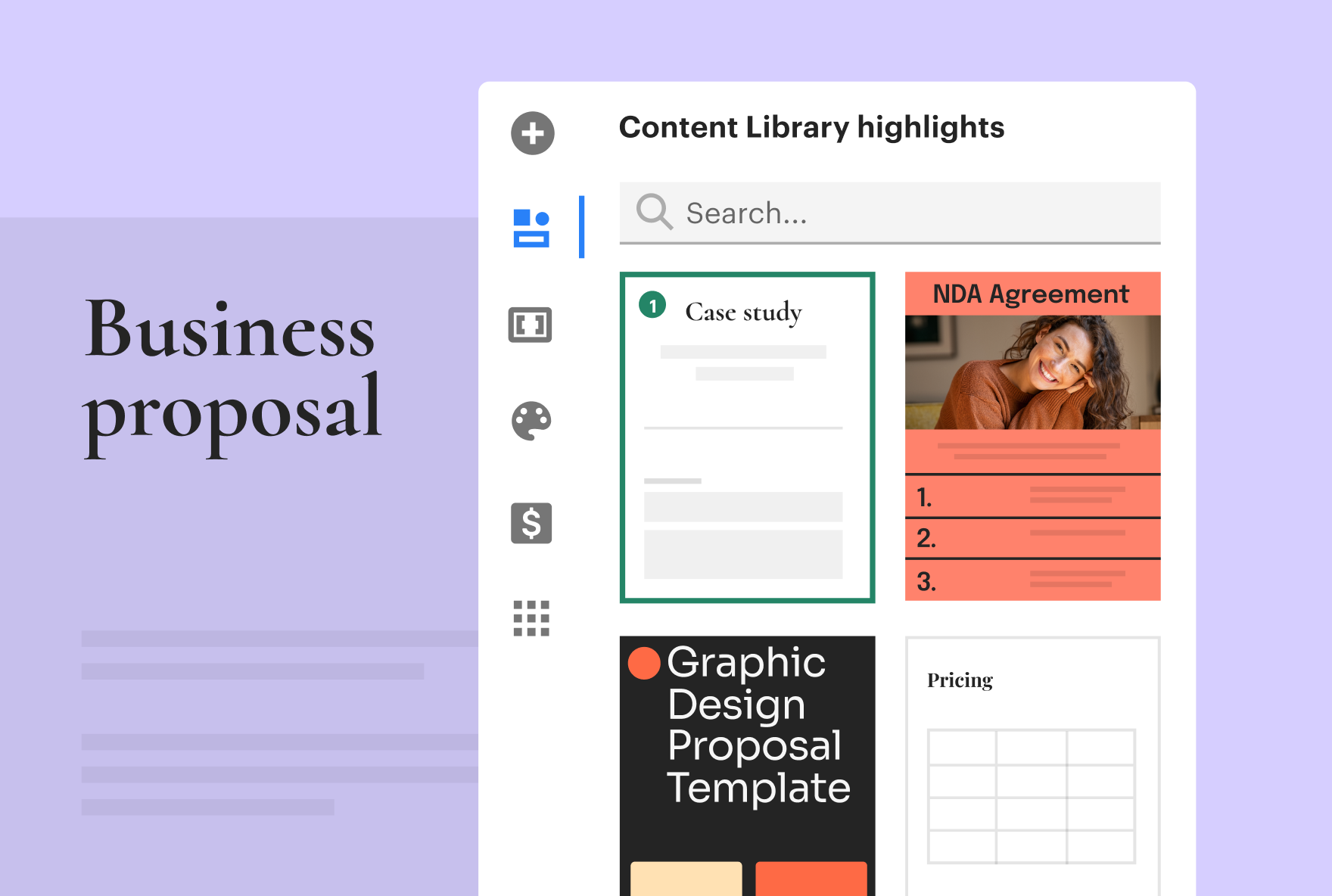 A graphic showing the different components of a business proposal, including case studies, NDA agree…