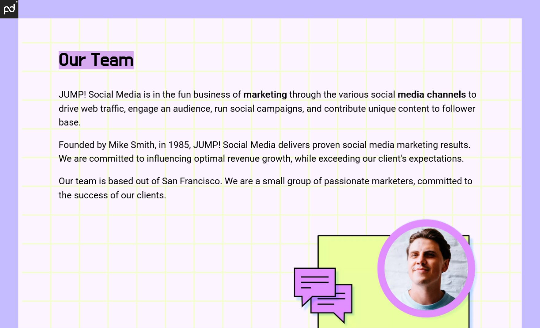 An image showing the “Our Team” section of a proposal, including brief background information and a…