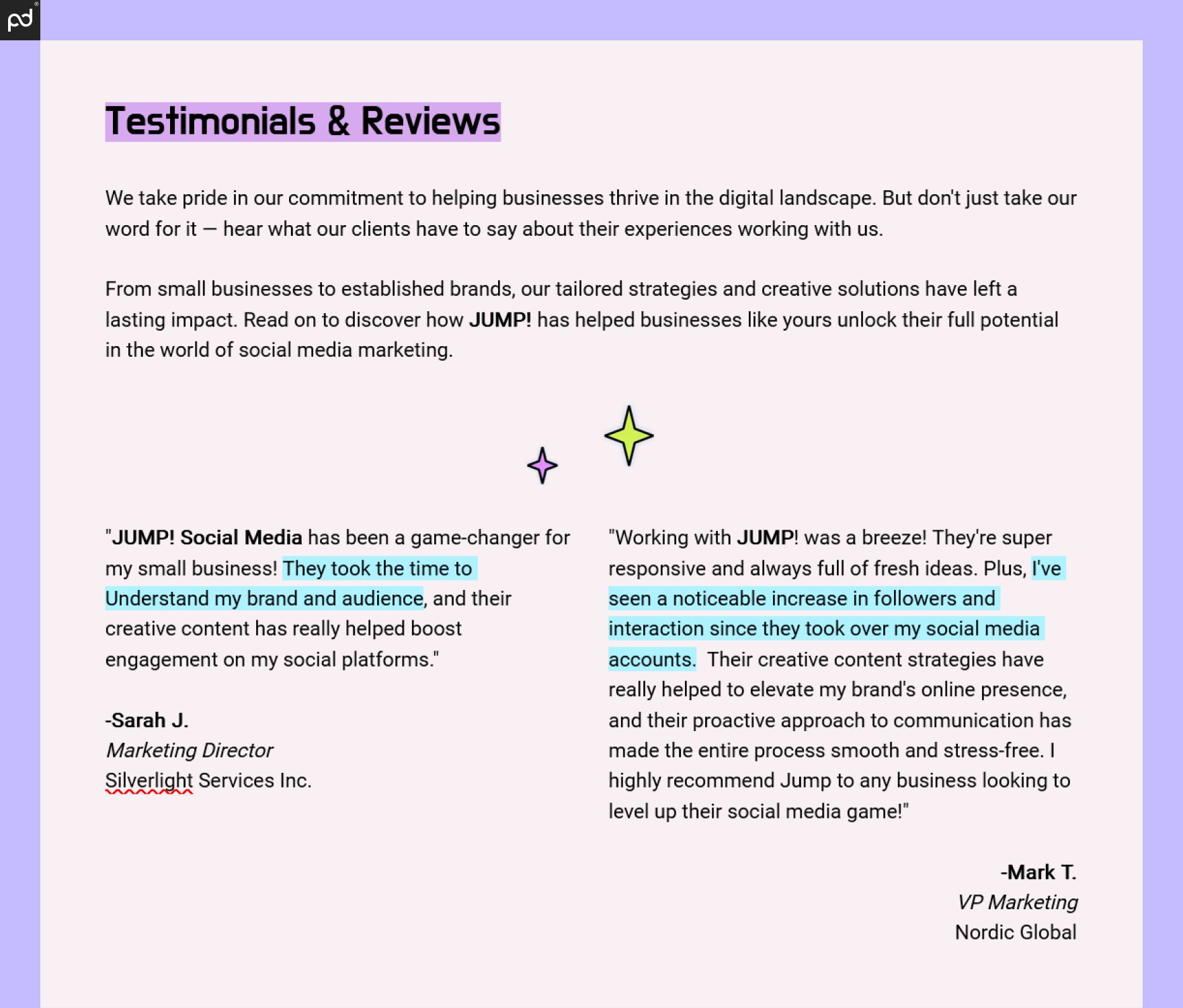 An image of a testimonials page, which features reviews with highlighted text around customer KPIs a…