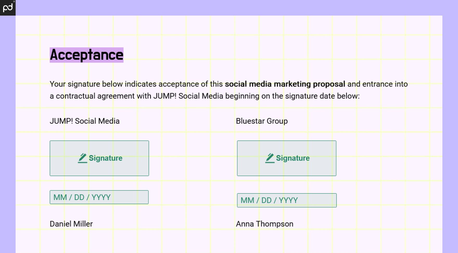 An image of an e-signature block generated in the PandaDoc software. Two signatures are required, pr…