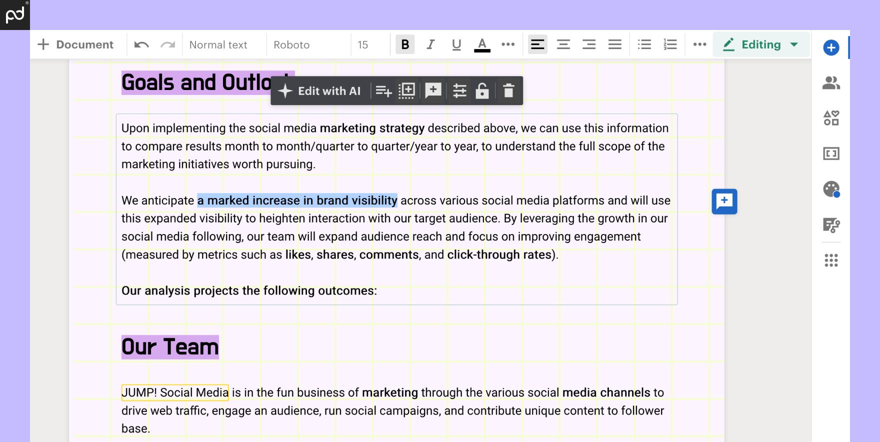 An image of an active text block within the PandaDoc editor. A suite of formatting and native editin…