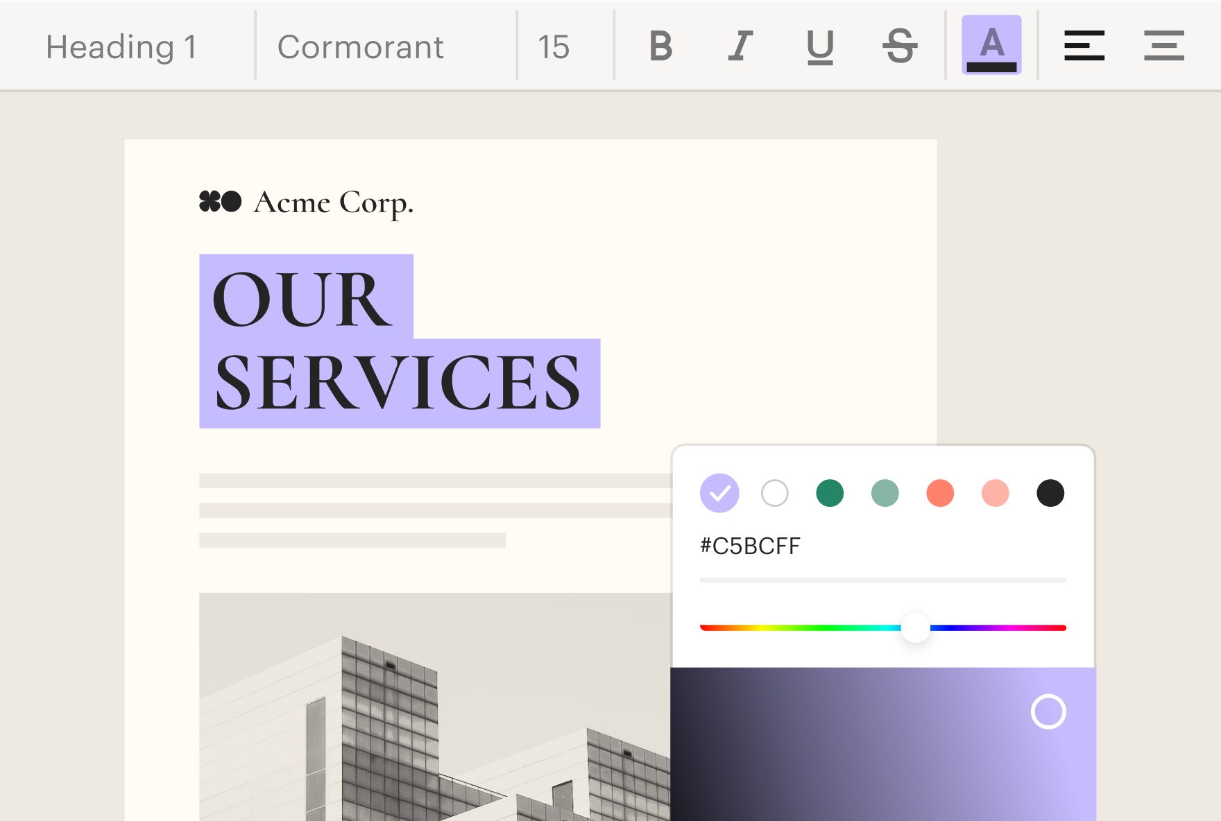 An image demonstrating the PandaDoc document design platform. The words “Our Services” are highlight…