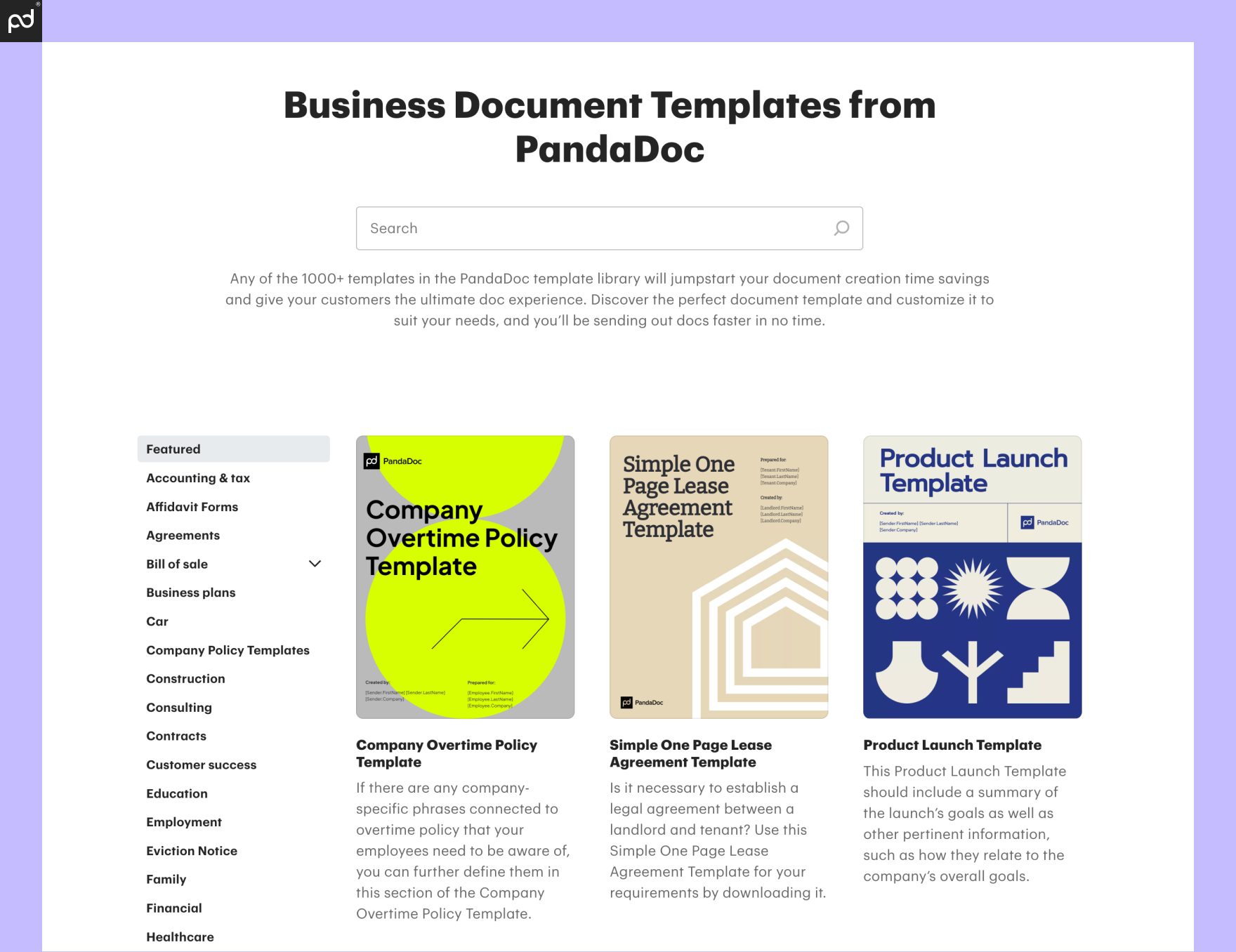 A screenshot showing the PandaDoc template library. A left sidebar allows for filtering.