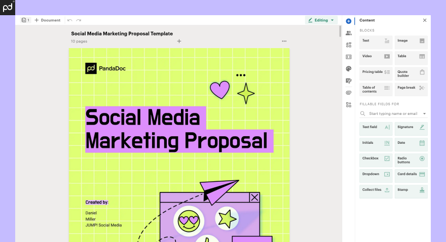 An image of a social media template from PandaDoc. The cover page features a bold title, along with…