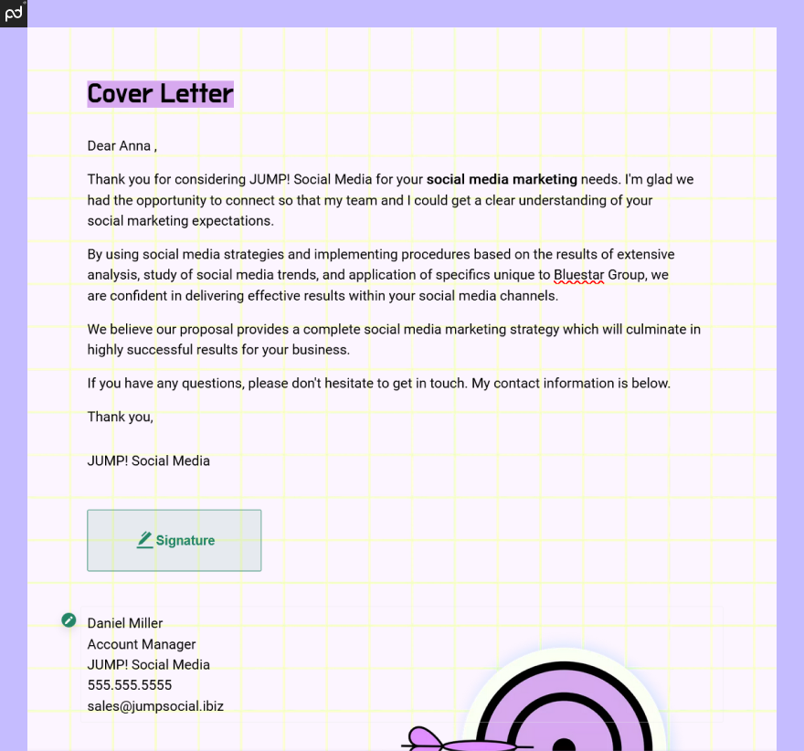 An image of a proposal cover letter, including an e-signature signoff from a dedicated account manag…