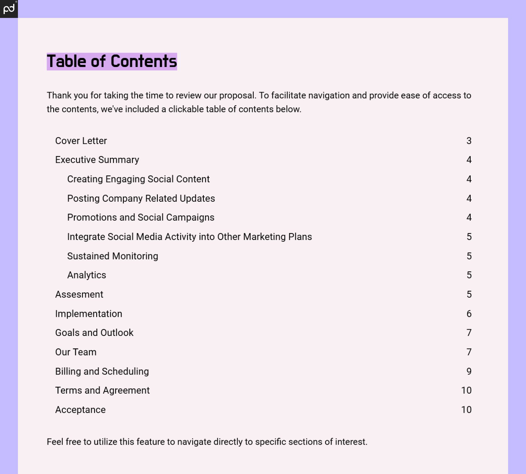 An image of a table of contents generated from document headers. Page numbers indicate where the pag…