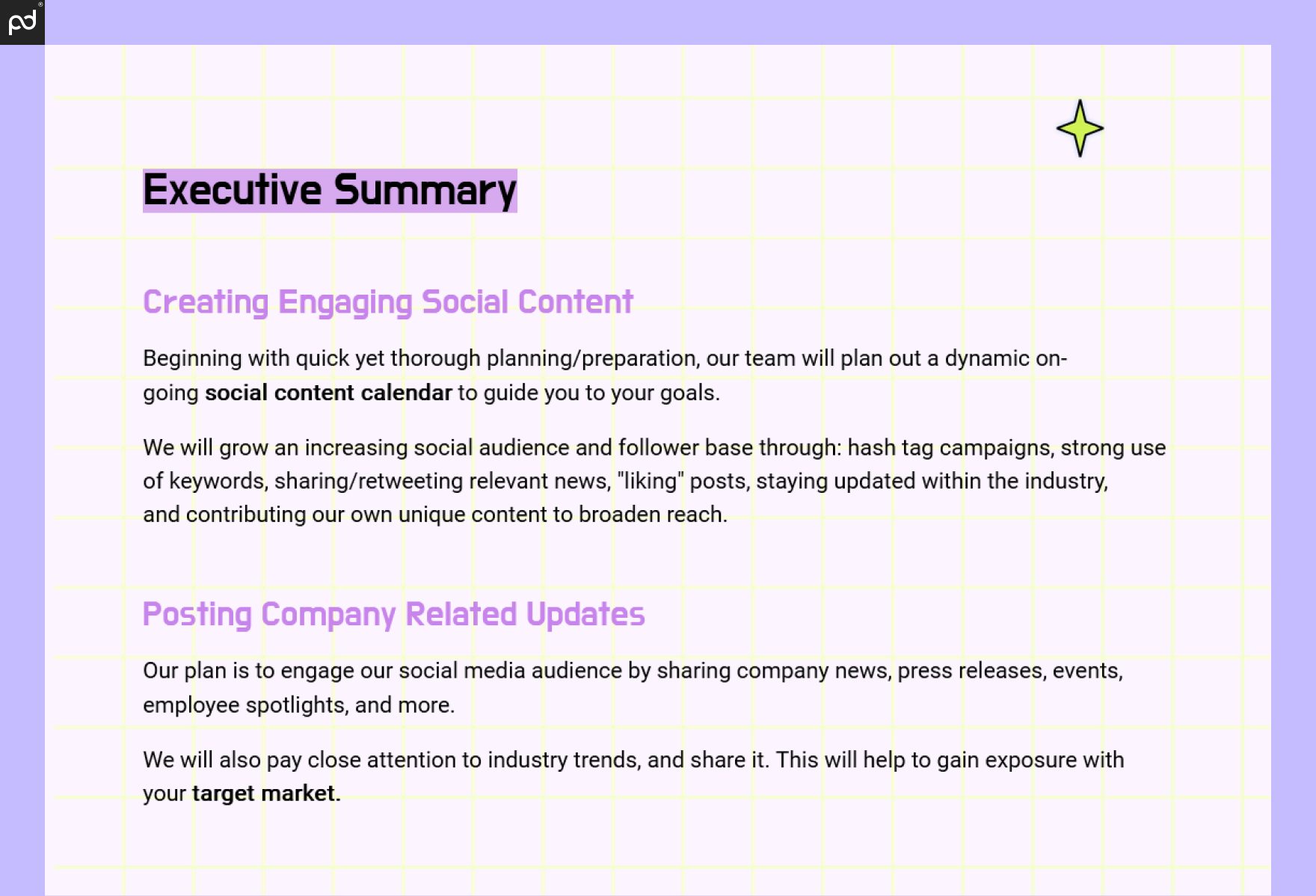 An image of an executive summary. Subheadings like “Create Engaging Social Content” and “Posting Com…