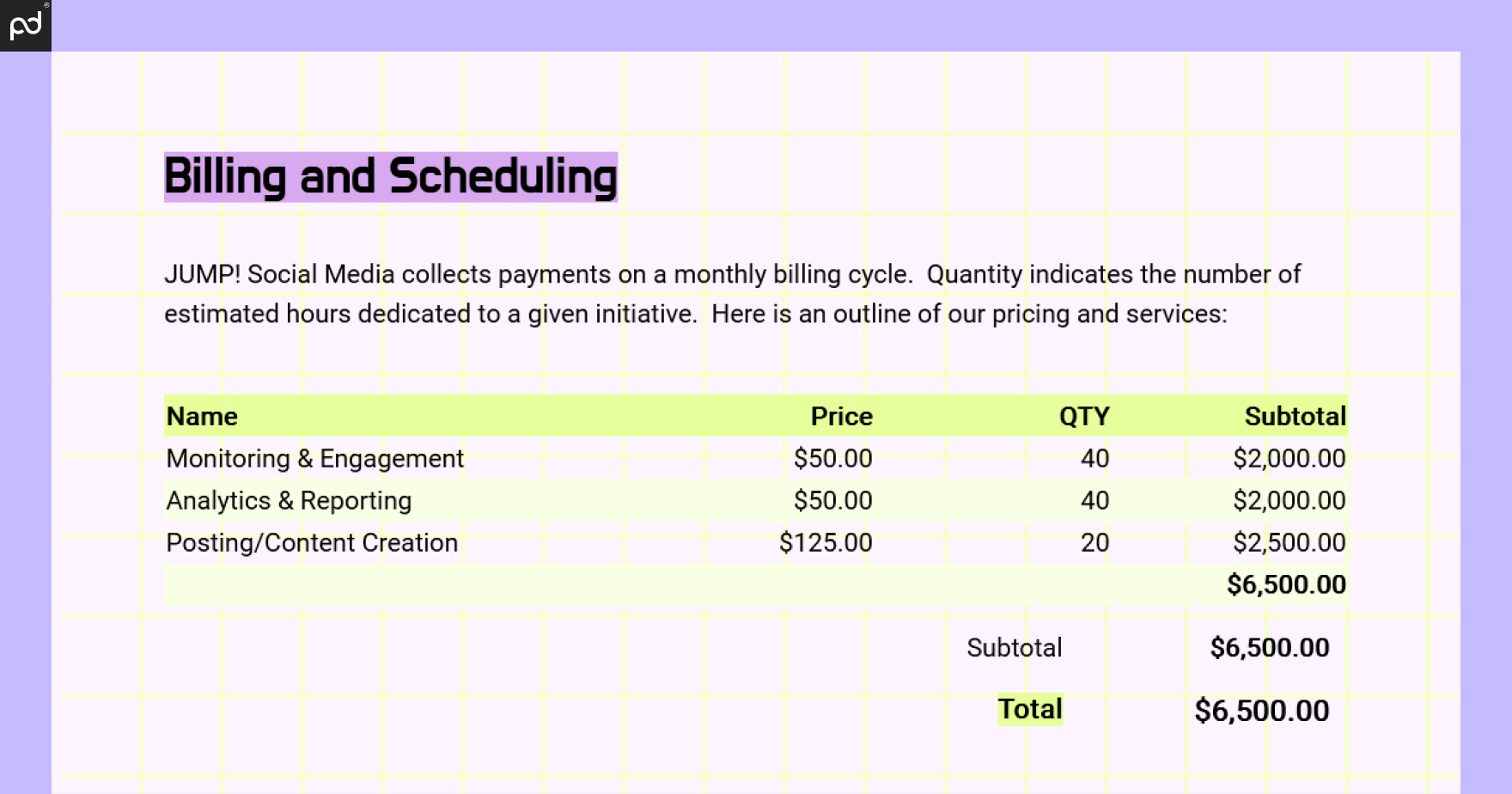 An image featuring a pricing table and a brief list of all proposed services. The table is broken do…