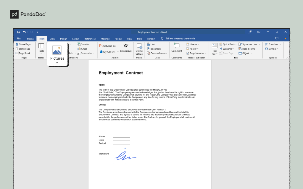 Sign Microsoft Word and Google Doc files by dragging and dropping your new signature