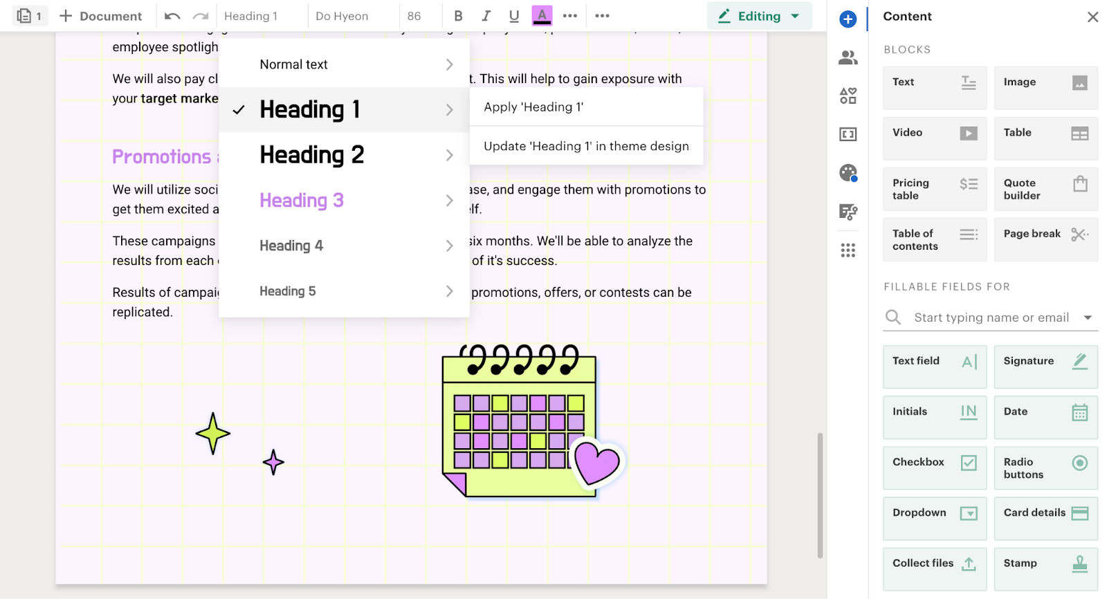 An image of the PandaDoc document editor, demonstrating various graphics elements and design tools o…