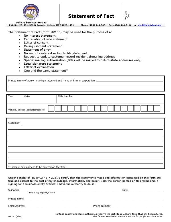 Statement of fact (Form MV100) Montana PandaDoc
