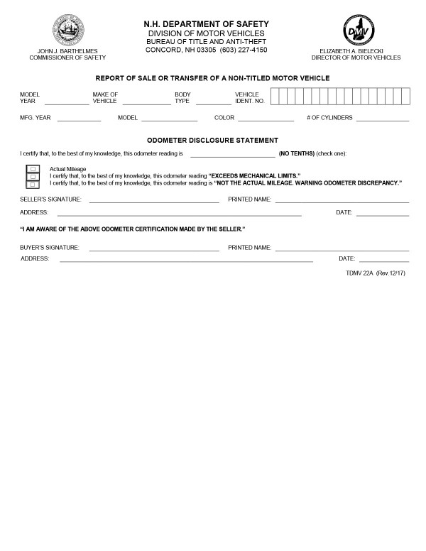 Transfer of a non-titled motor vehicle New Hampshire PandaDoc