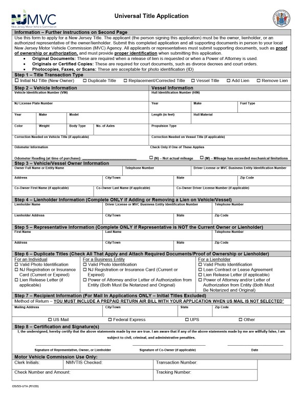 Universal title application (Form OS-SS-UTA) New Jersey PandaDoc