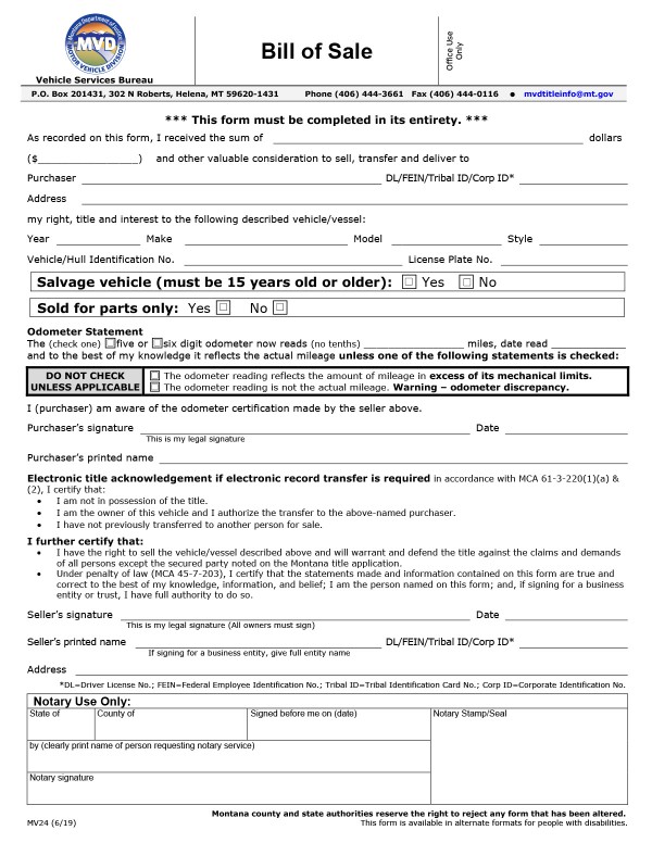Vehicle bill of sale Montana PandaDoc