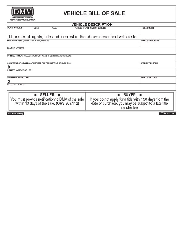 Vehicle bill of sale Oregon PandaDoc