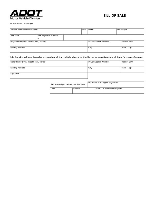 Vehicle bill of sale Arizona PandaDoc