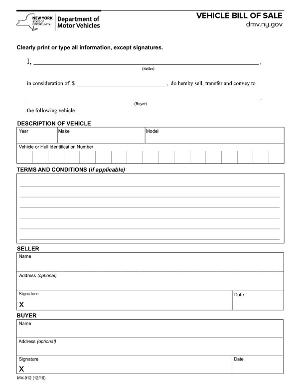 Vehicle bill of sale (MV-912) New York PandaDoc