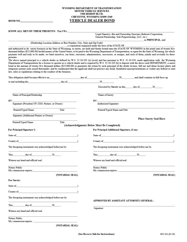 Vehicle dealer bond form Wyoming PandaDoc