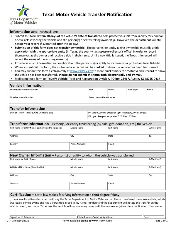 Vehicle transfer notifications Texas PandaDoc