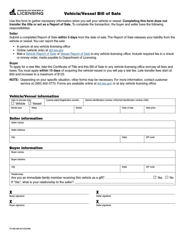 Vehicle/Vessel bill of sale Washington PandaDoc