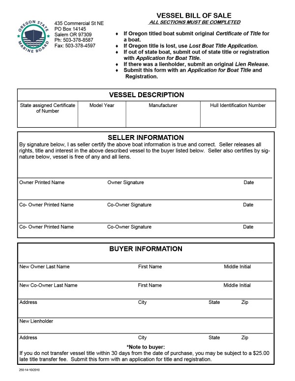 Vessel bill of sale Oregon PandaDoc