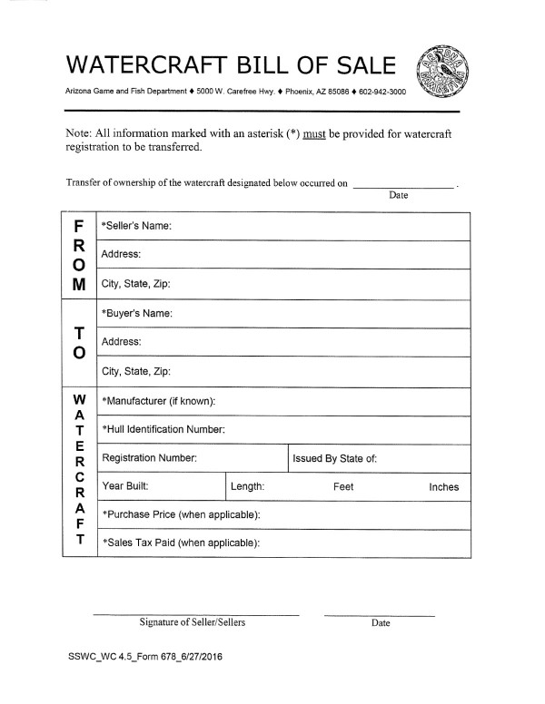 Watercraft bill of sale form Arizona PandaDoc